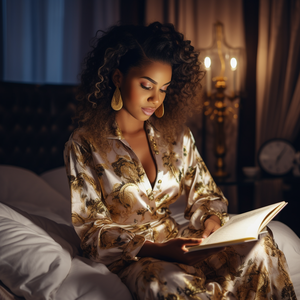 Black woman reading Bible in silk pajamas