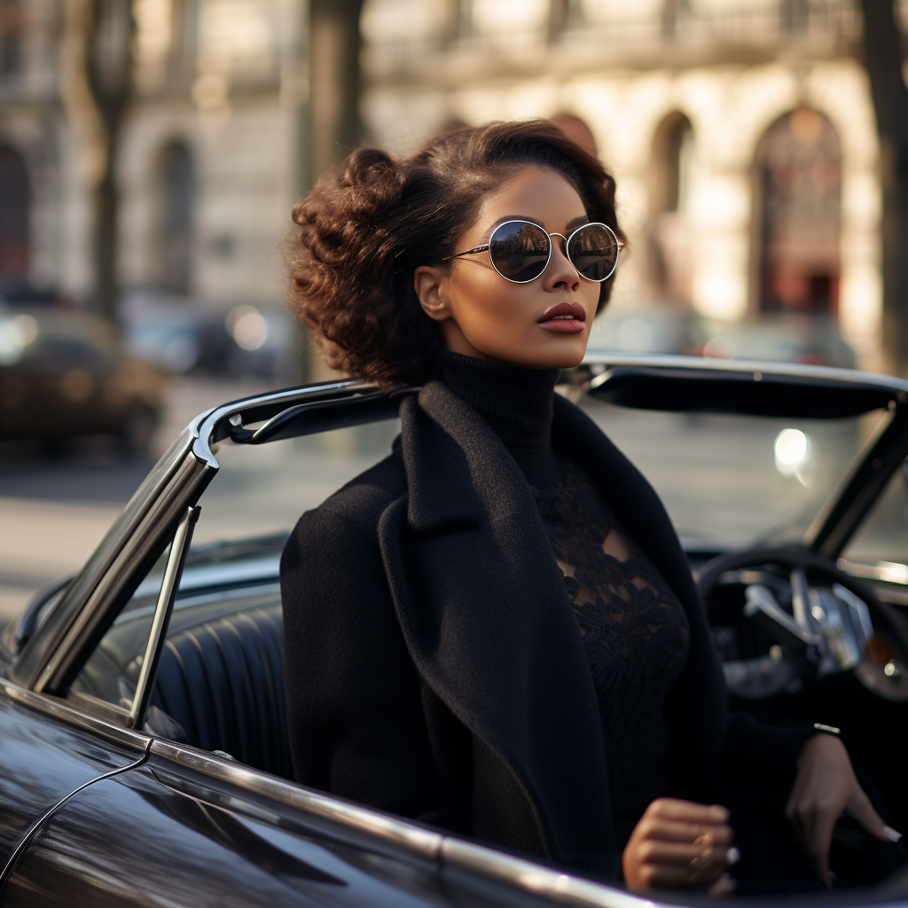 Black woman with scarf and sunglasses driving Porsche in Paris