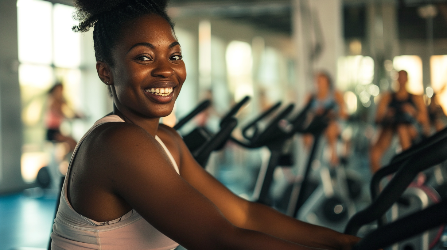 Black woman smiling in spinning class