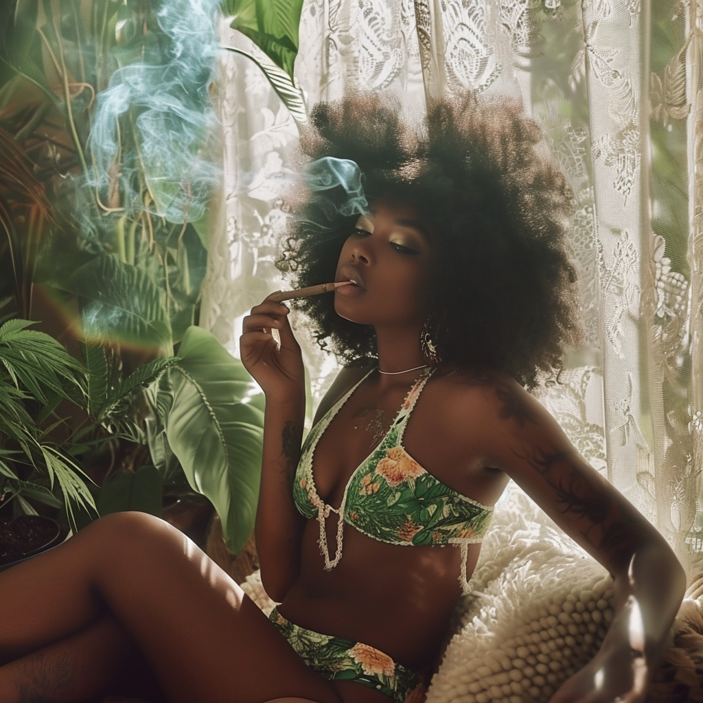 Black woman with afro smoking in bedroom surrounded by plants and lace curtains