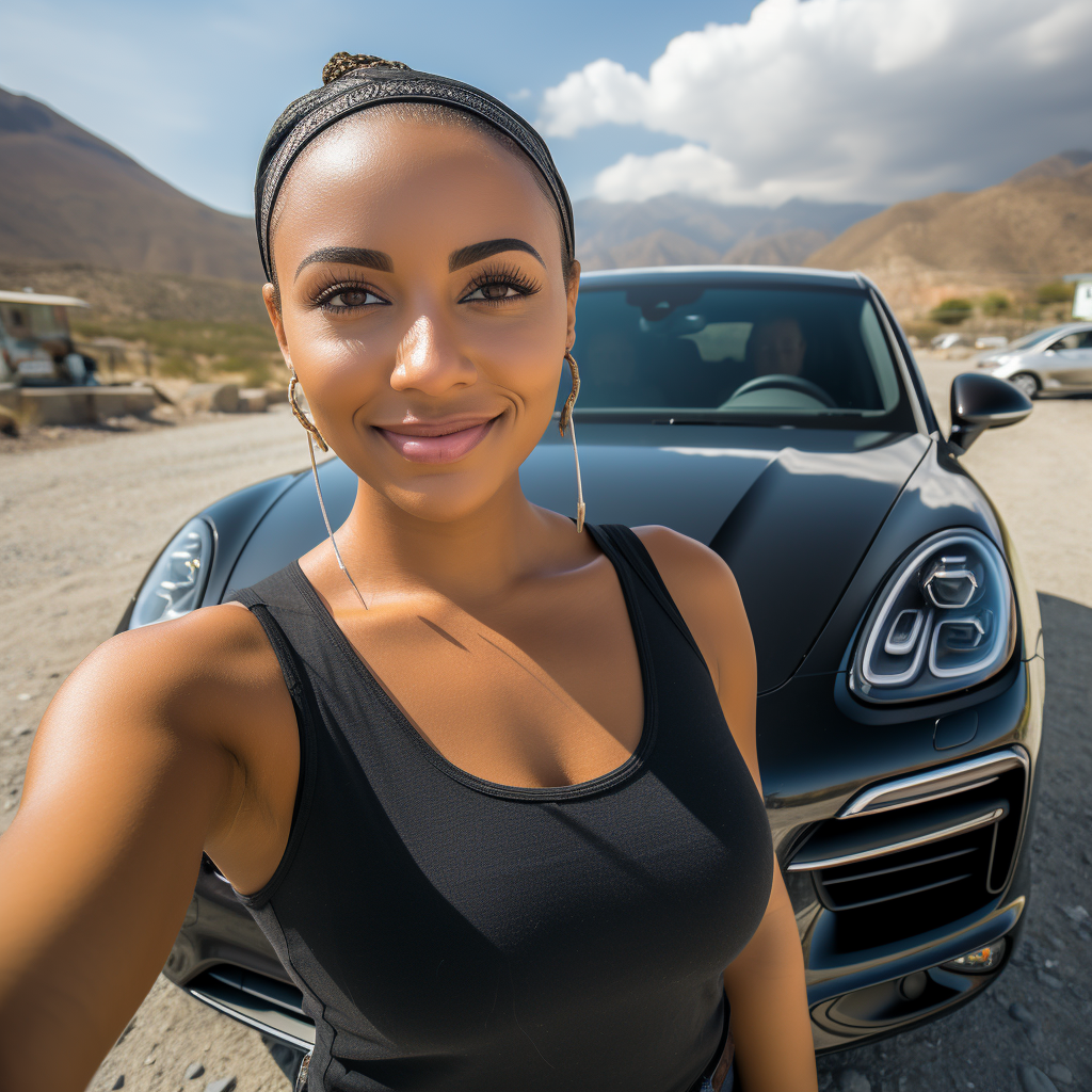 black woman selfie with Porsche Cayenne