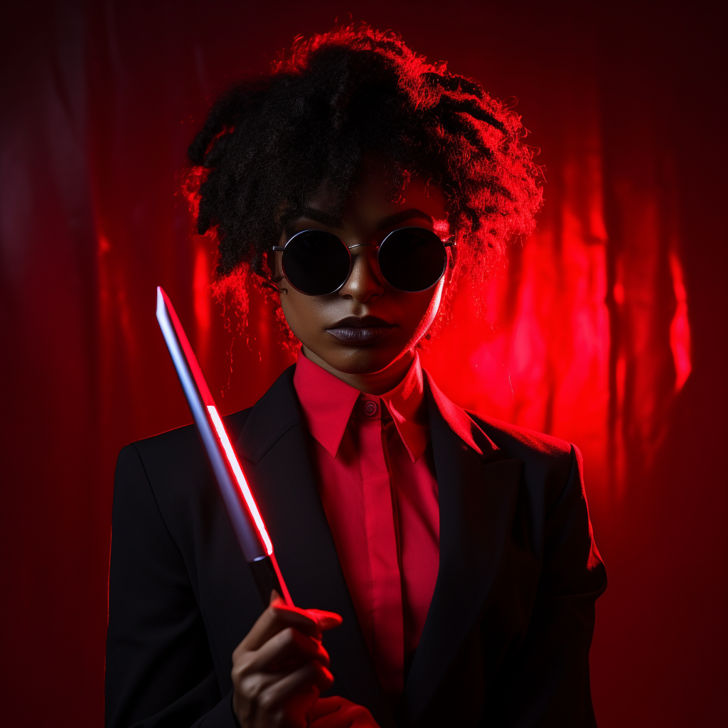 Black woman with knives in stylish suit