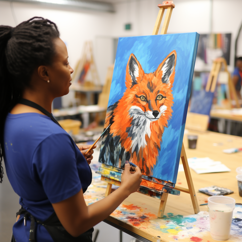 Black woman teaching painting red fox