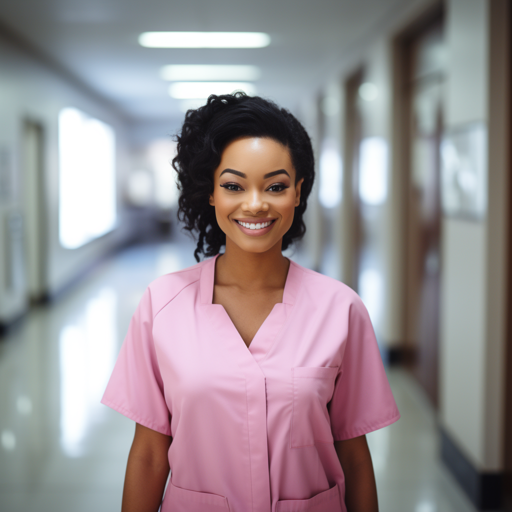 Smiling black woman in hallway