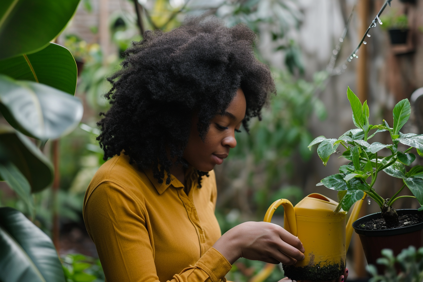 Black woman watering plant garden