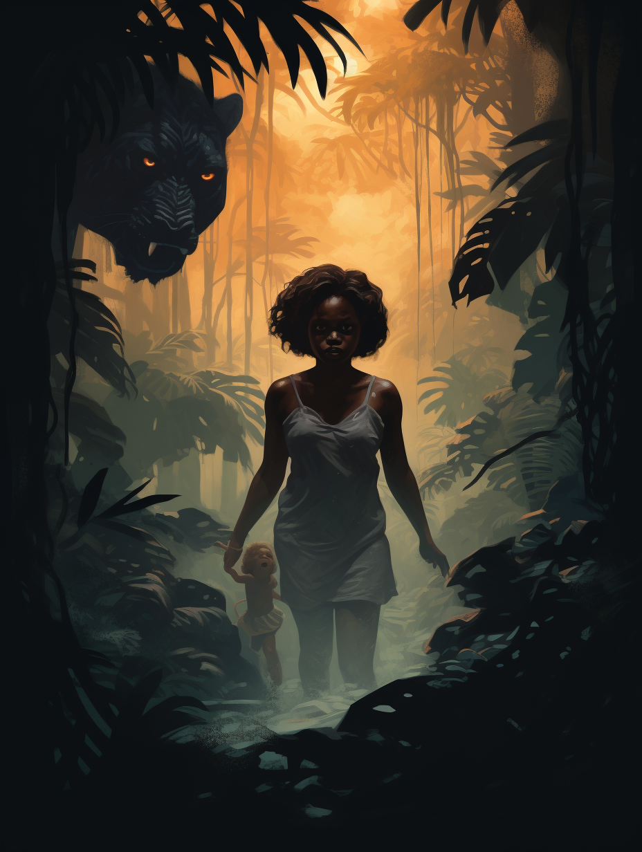 Illustration of a Black Woman with Baby and a Lurking Devil