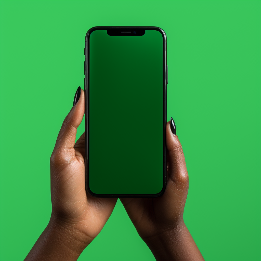 Black woman's hand holding phone with green screen