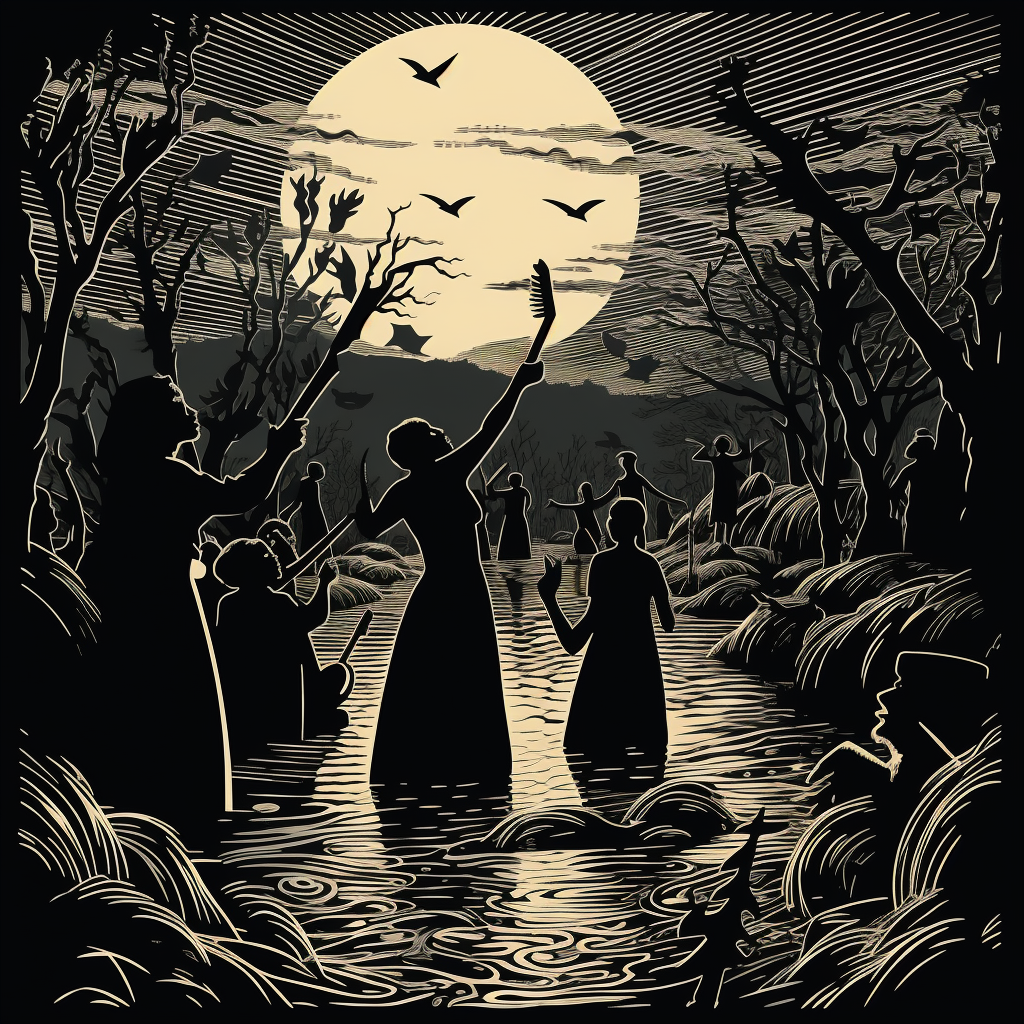 Woodcut print of a black woman singing to a group of people in a marsh at night