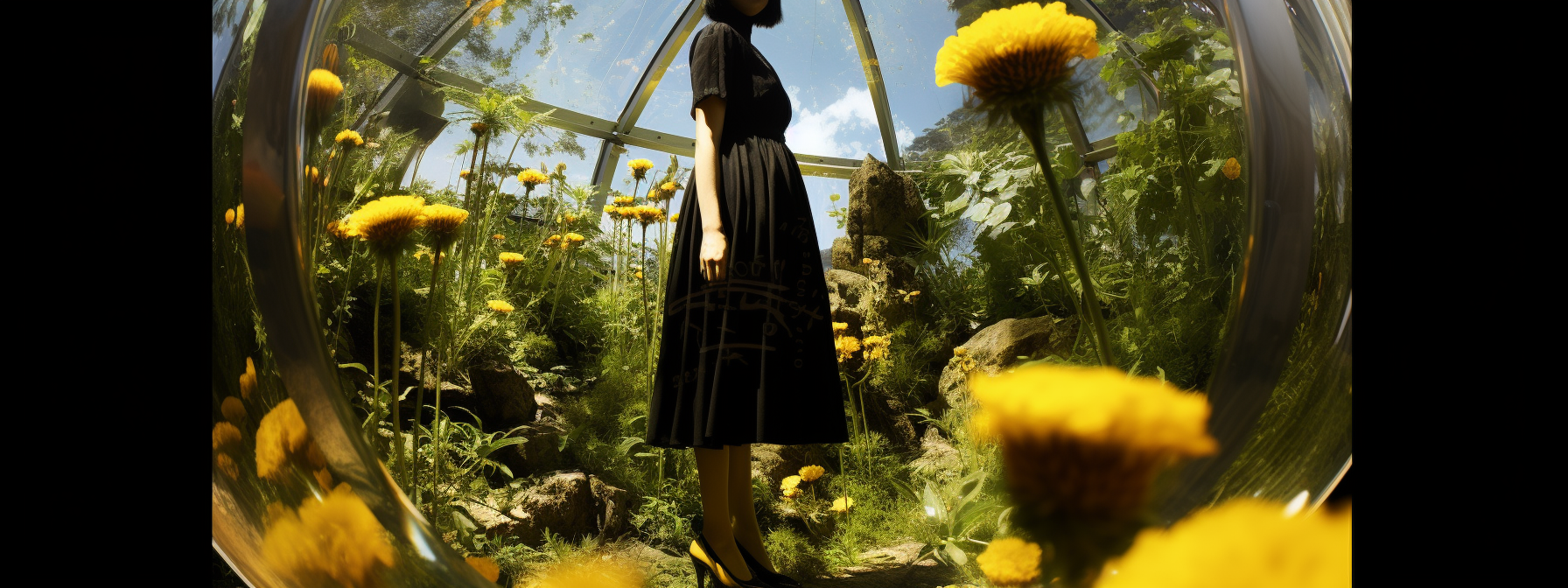 Woman in Black and Yellow Dress Trapped in Glass Sphere