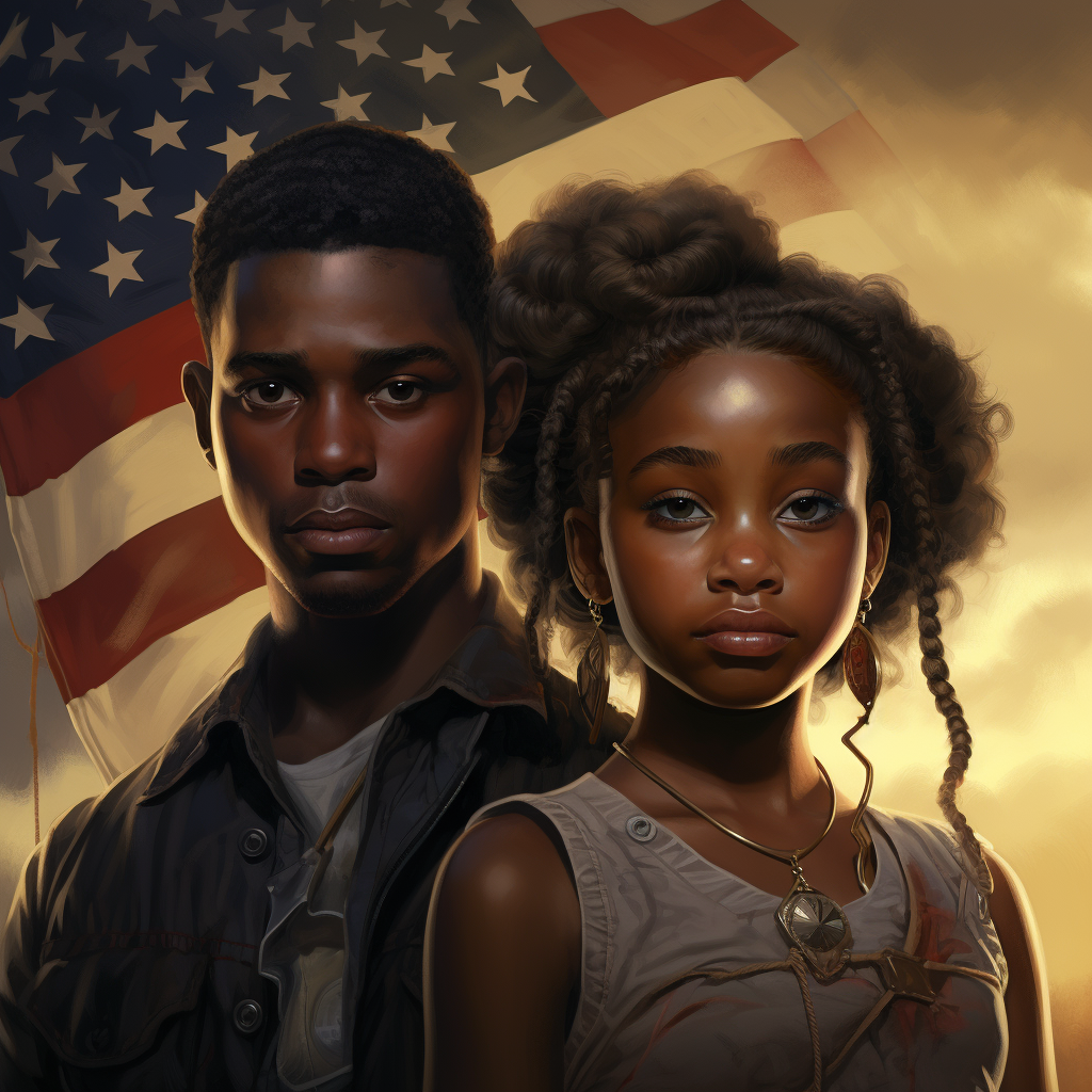 Black American Younger Boy and Girl with Flag Cartoon