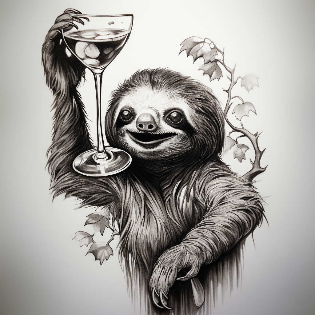 Realistic sloth hanging in tree with martini