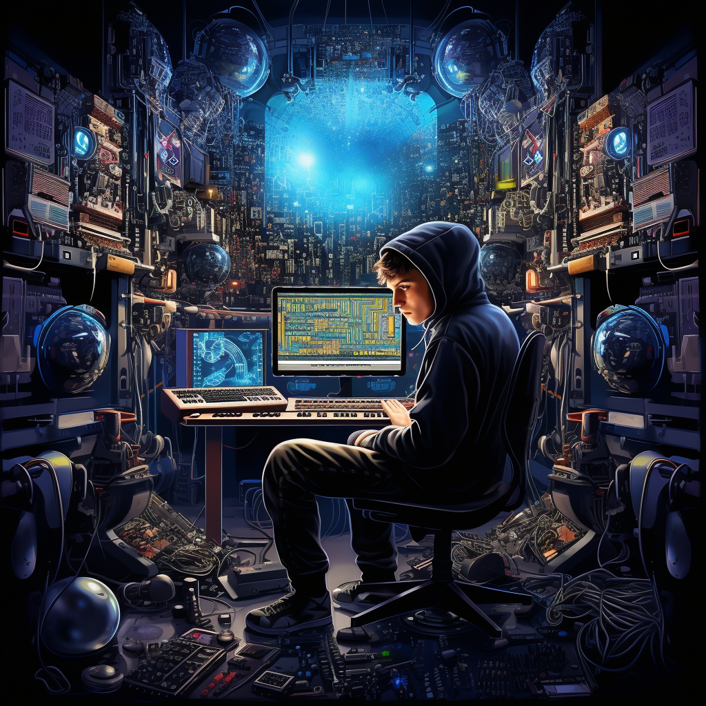 Young man with crystal ball and synthesizers