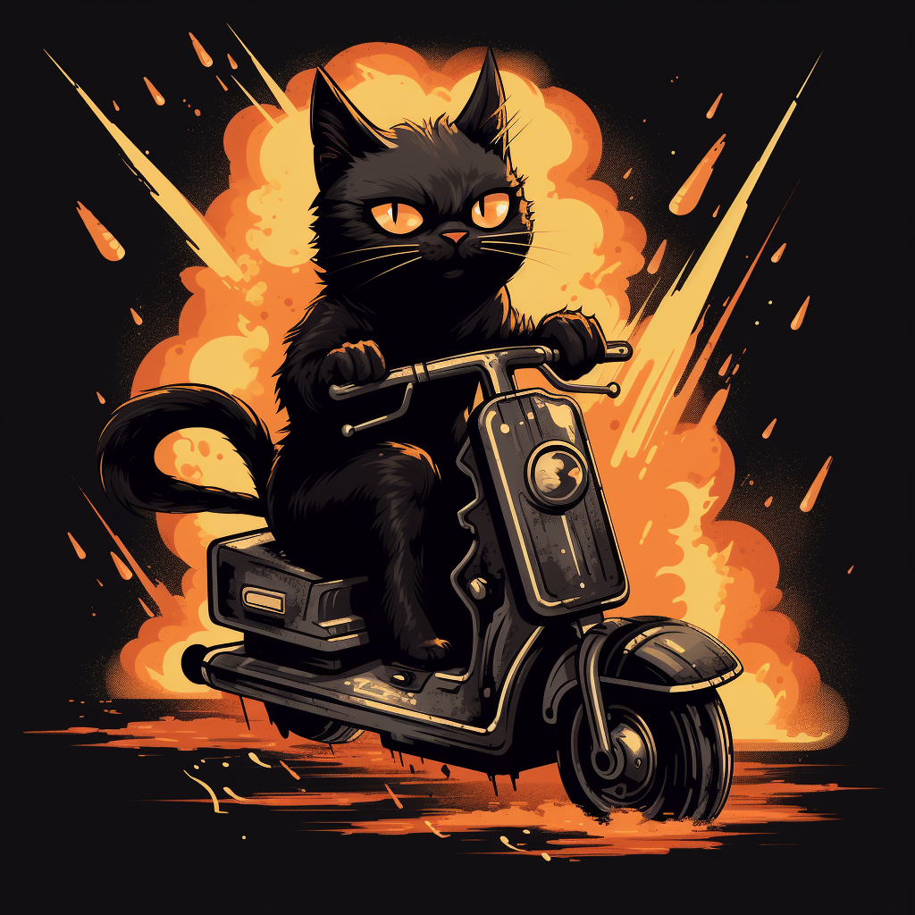 Cute black cat driving a bolt scooter