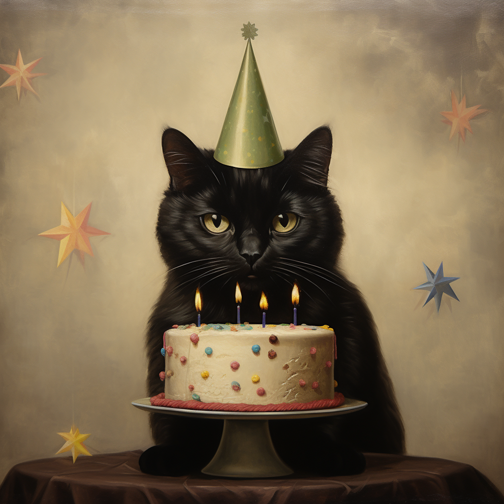 Adorable black cat with party hat and cake