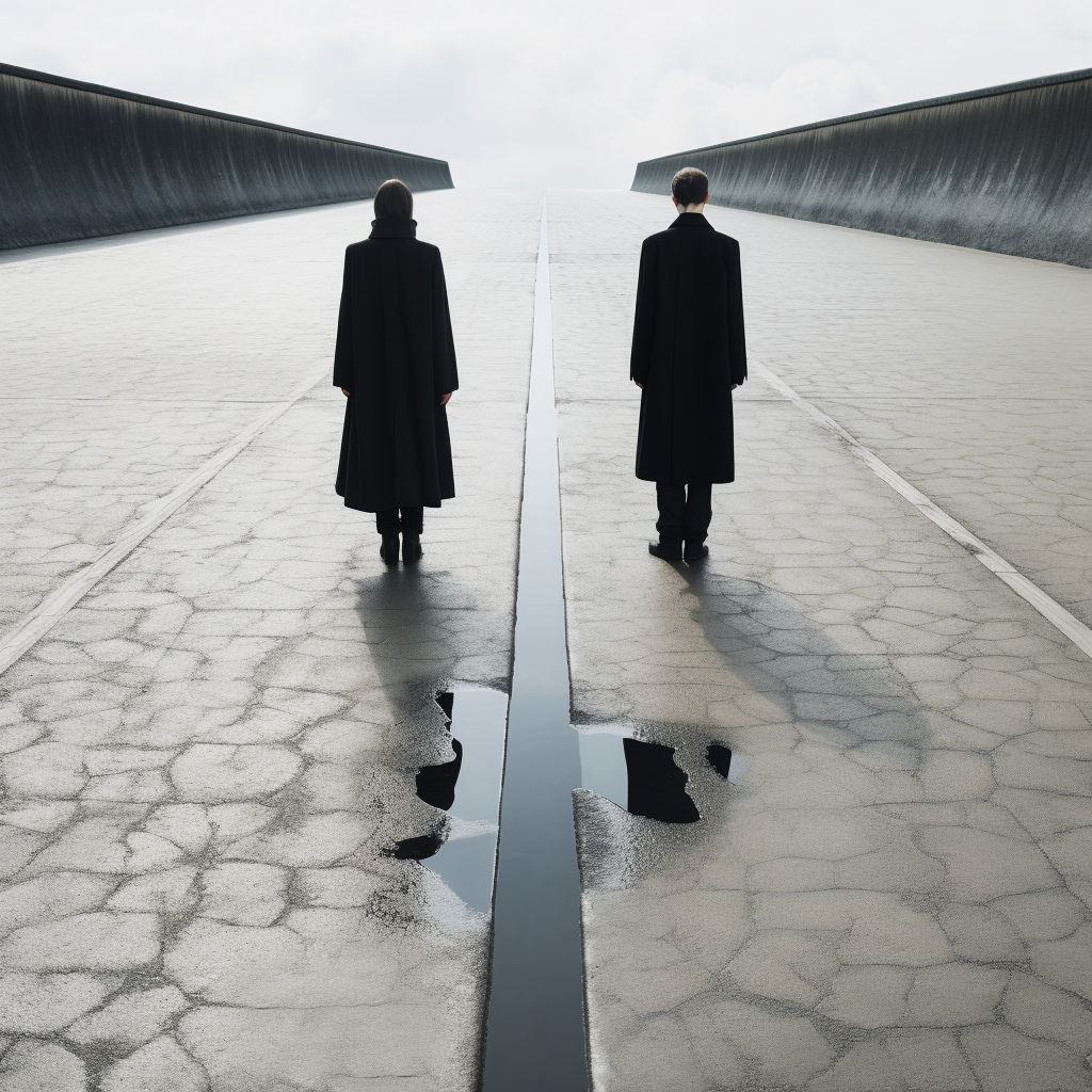 Two people in black clothes walking