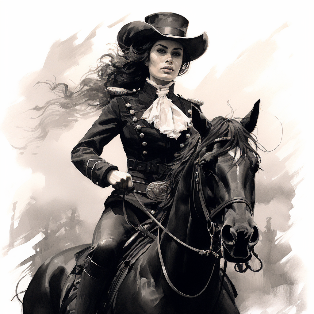 Woman riding a horse in black colonel uniform