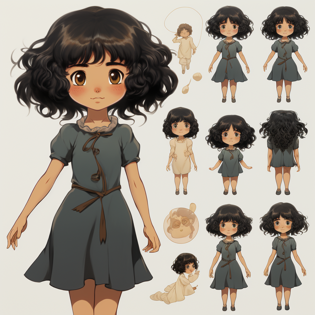 Character sheet of a beautiful girl with black curly hair and brown eyes