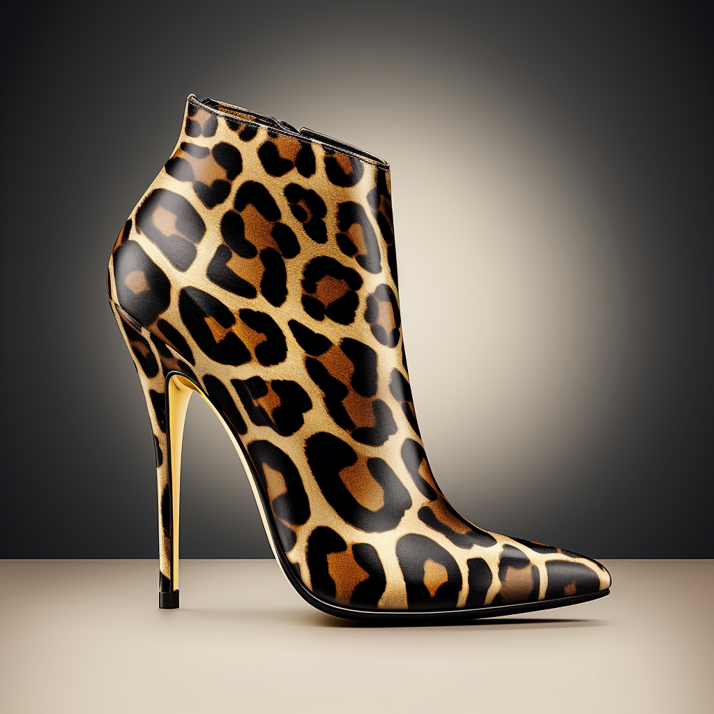 Fashionable black high heel ankle boots on leopard print