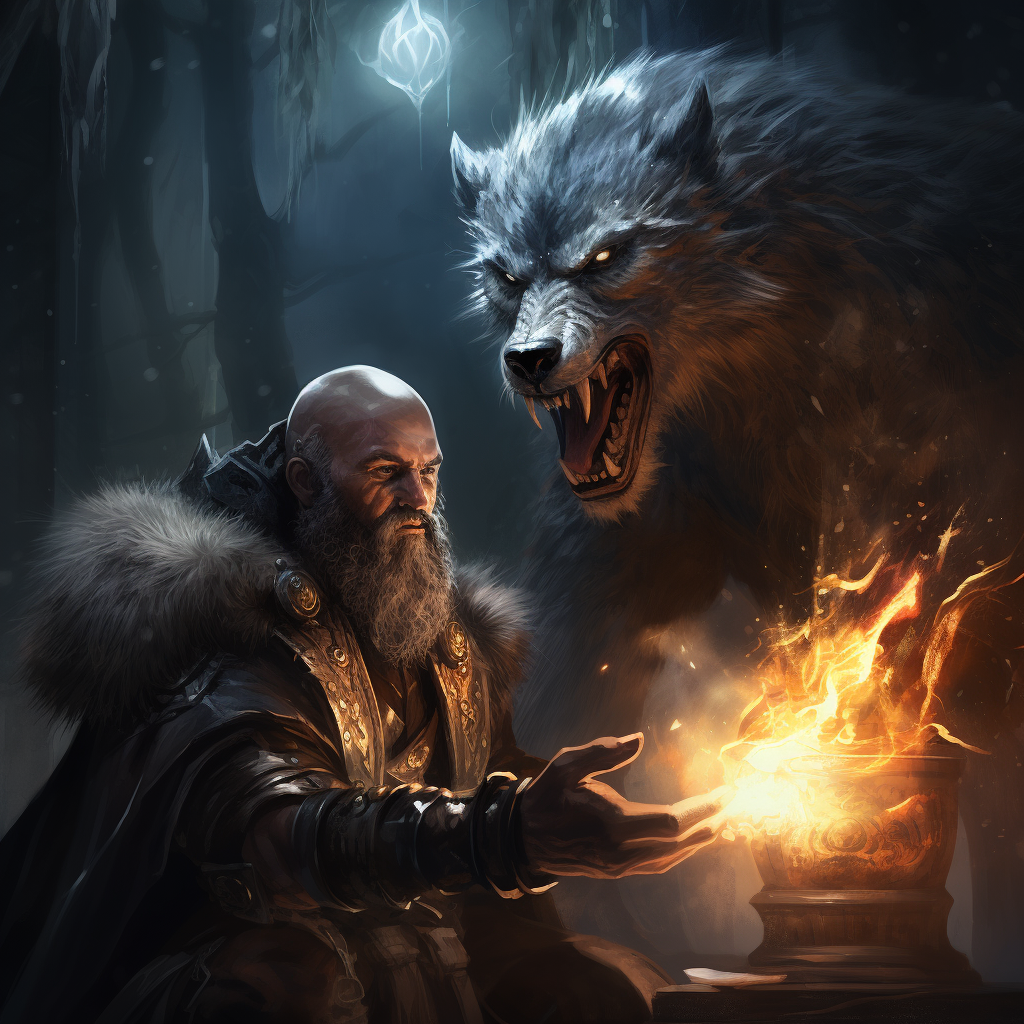 Determined black elven mage casting magic missile at werewolf