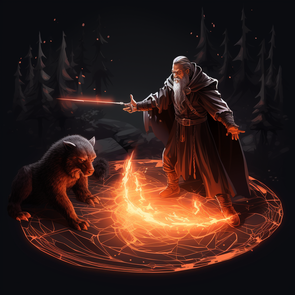 Bearded mage casting magic missile at werewolf