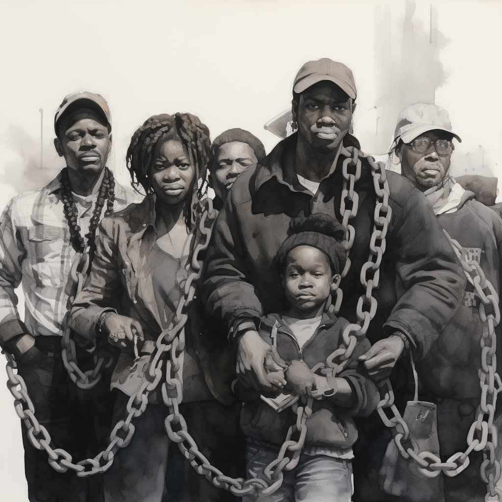 Black family breaking chains in watercolor