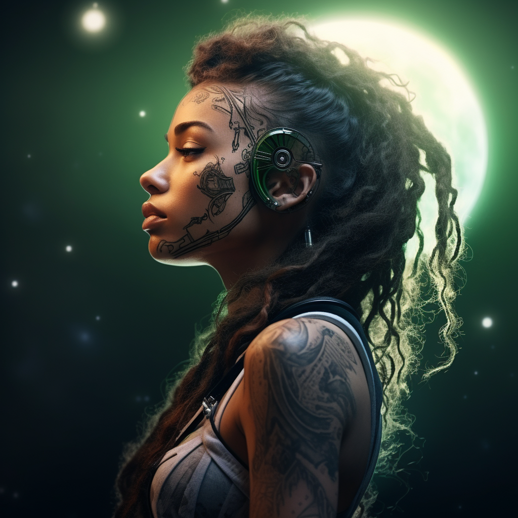 Black female space adventurer with tattoos and green eyes