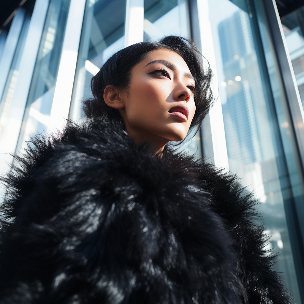 Asian woman in black fur robe