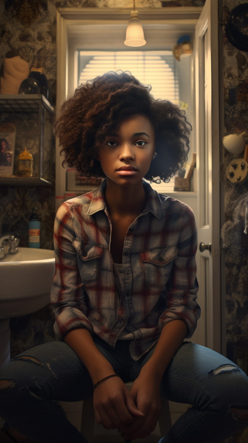 Natural and expressive black girl in bathroom