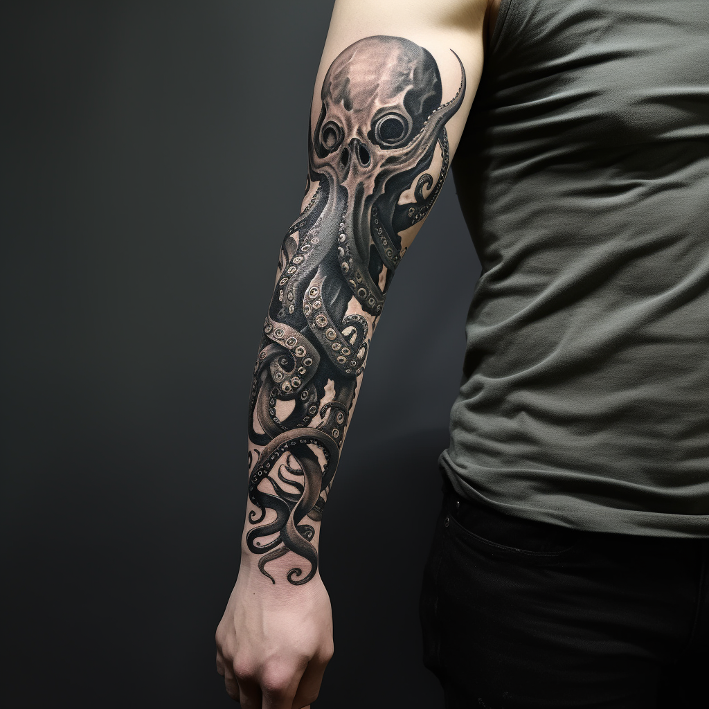 Black and grey octopus arm tattoo