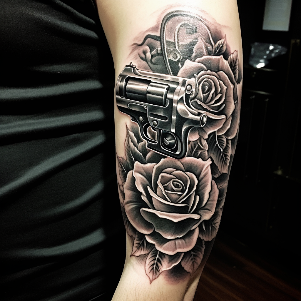 Revolver tattoo in black and grey