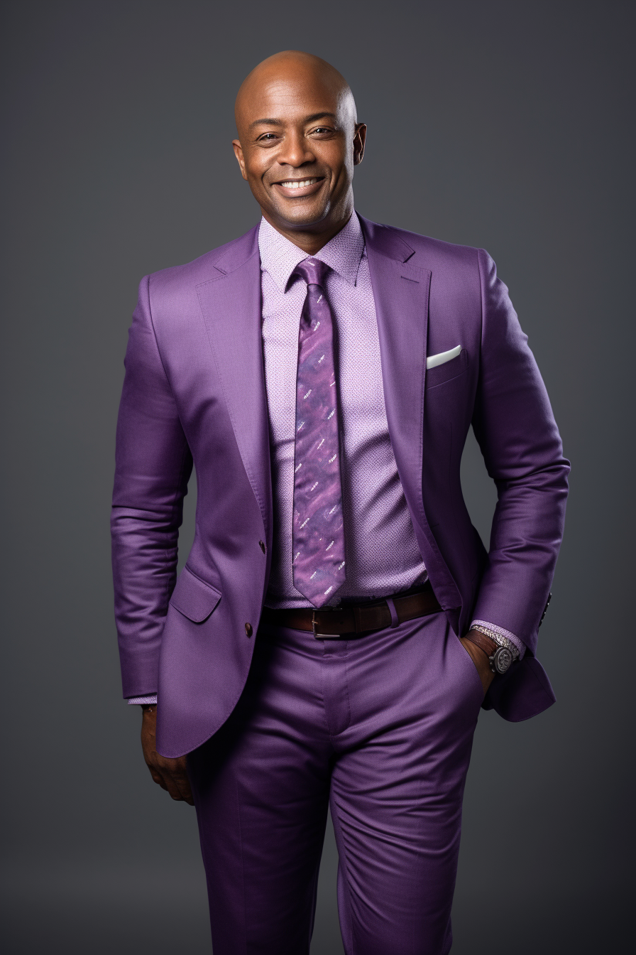 Smiling black high school principal in purple clothing