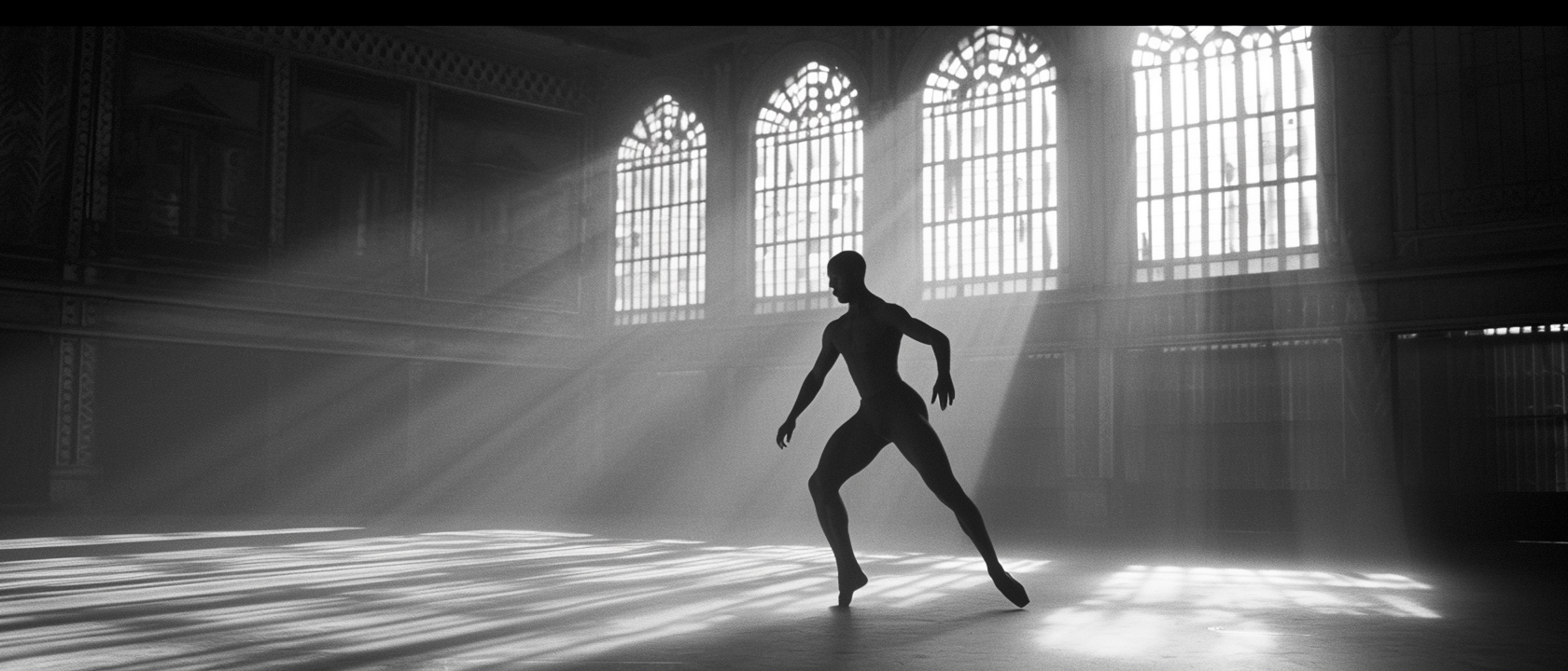 Black male ballet dancer in large hall