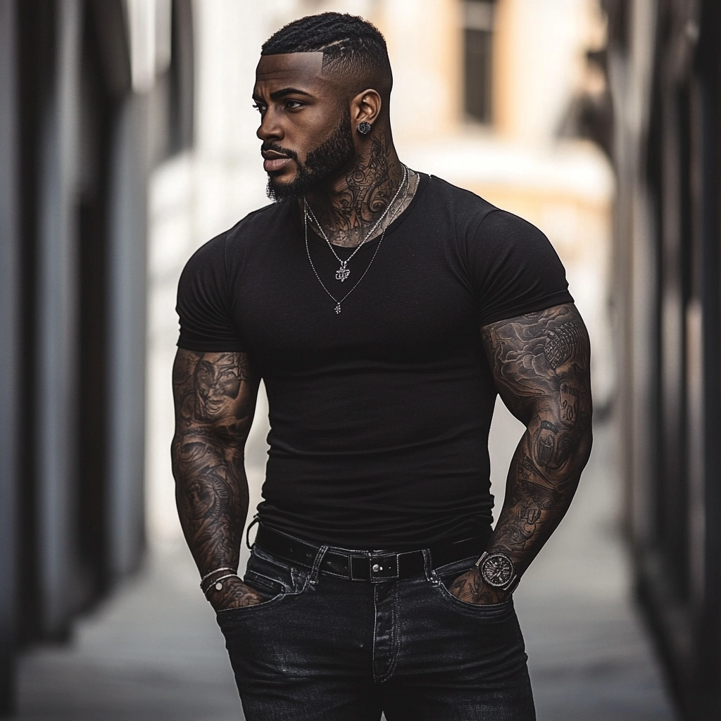 Dark-skinned man with tattoos