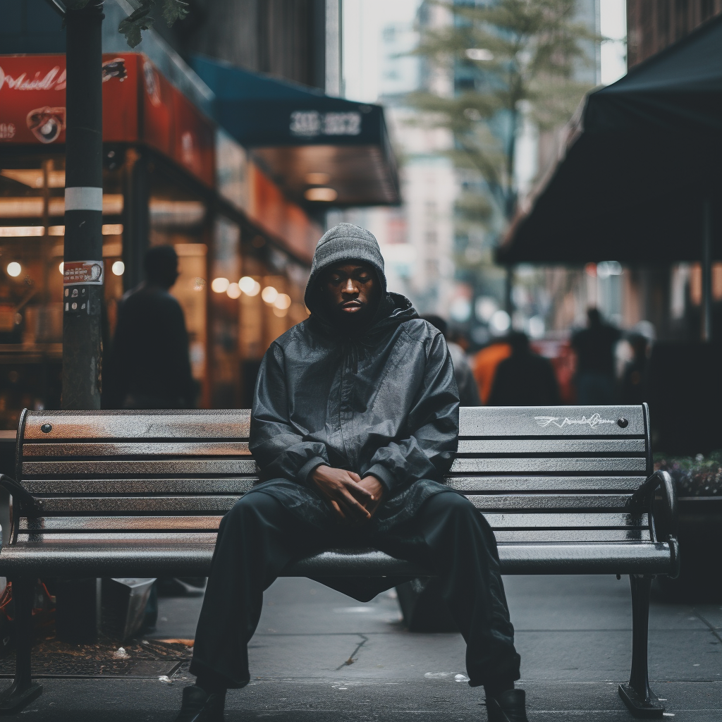 Black man enjoying city view from park bench