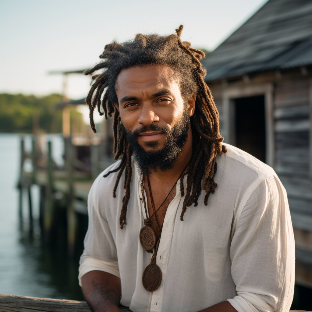 Black man with beard and dreadlocks at beach dock