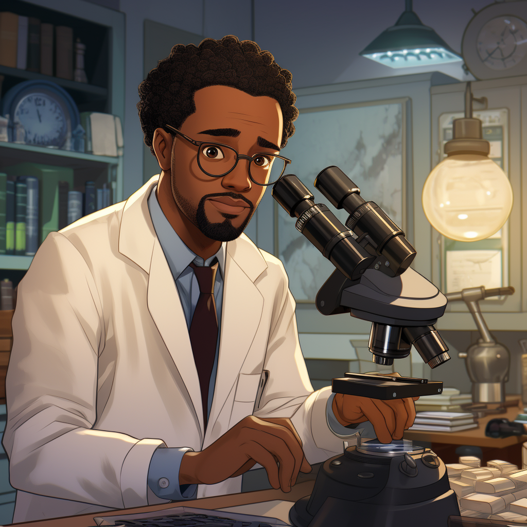 Black professor in white lab coat holding microscope