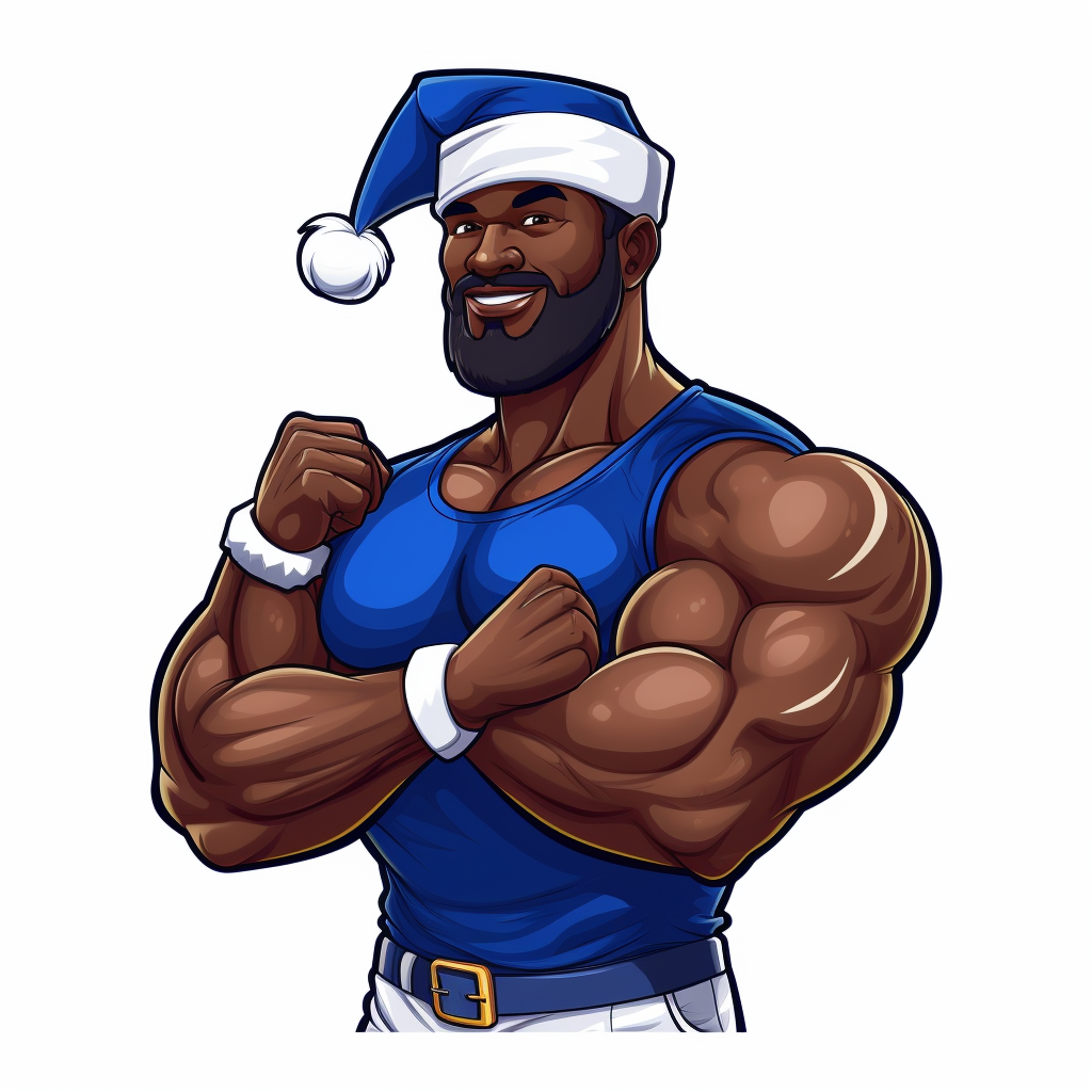 Muscular black Santa in royal blue attire