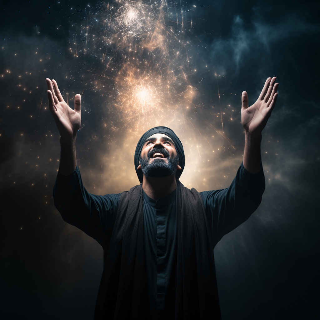 Kuwaiti man raising hand in black sparks background