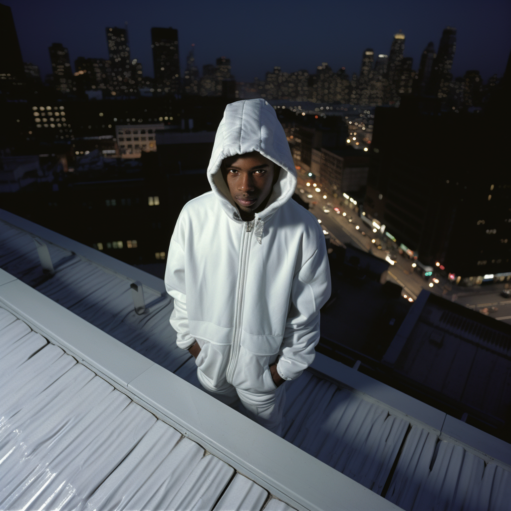 Black Striped Hooded Man on Rooftop