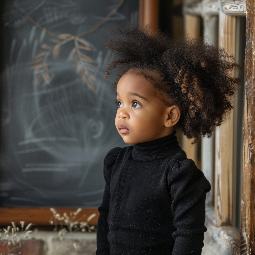 Little black toddler at chalkboard