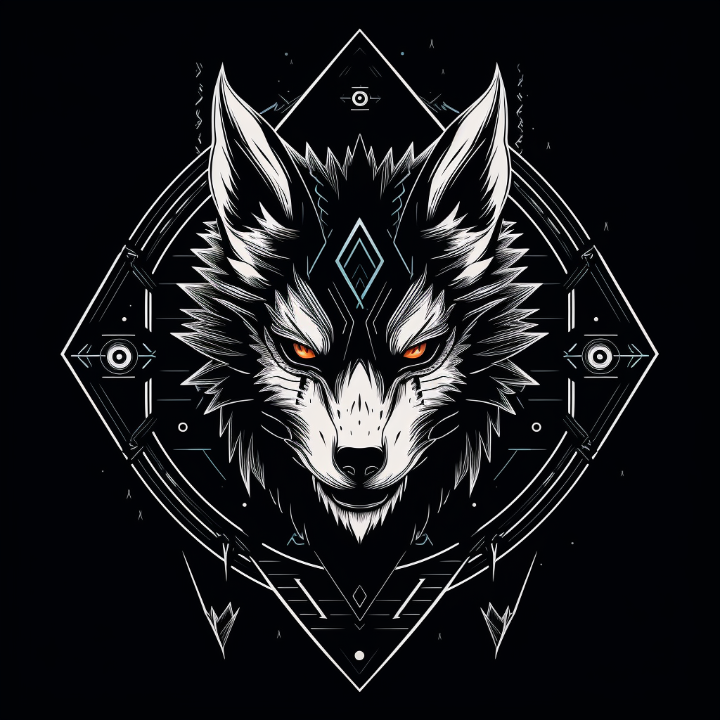 Black and white angry skull with wolf and circles