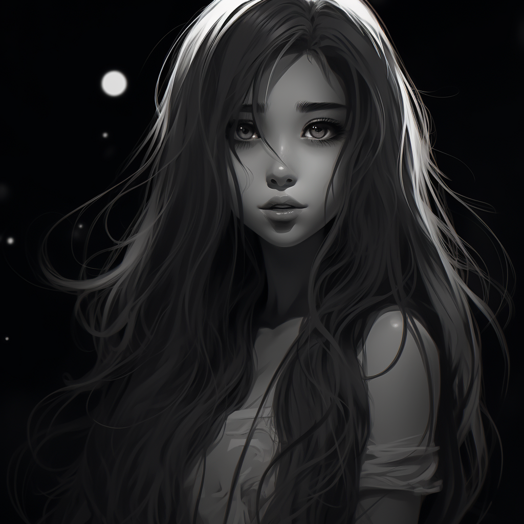 Black and White Anime Girl with Long Hair