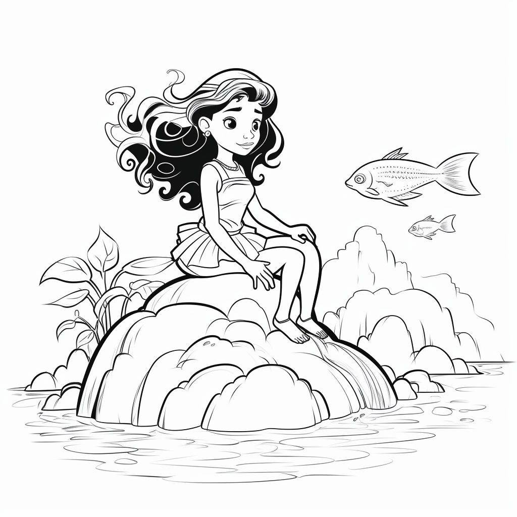 Simple cartoon girl mermaid on rock in ocean