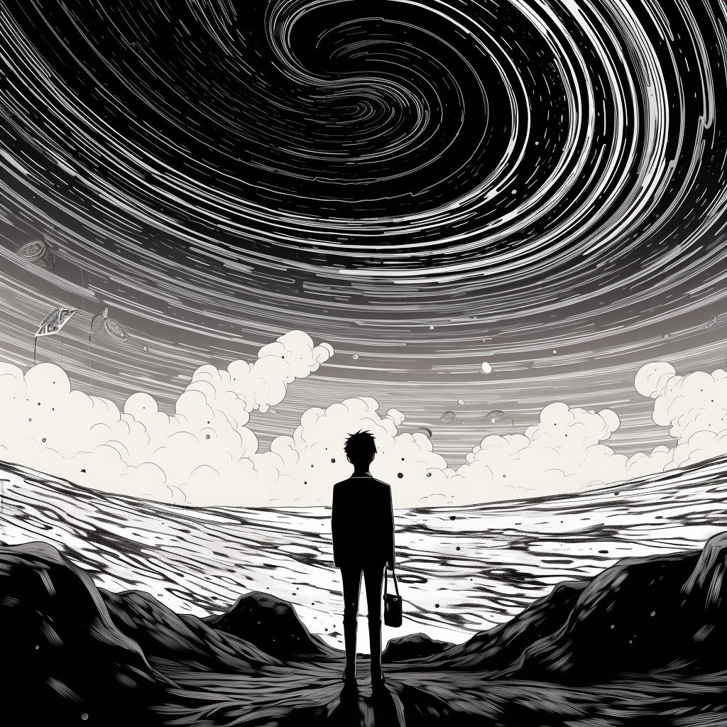 Black and white doodle standing, gazing at cosmic planet