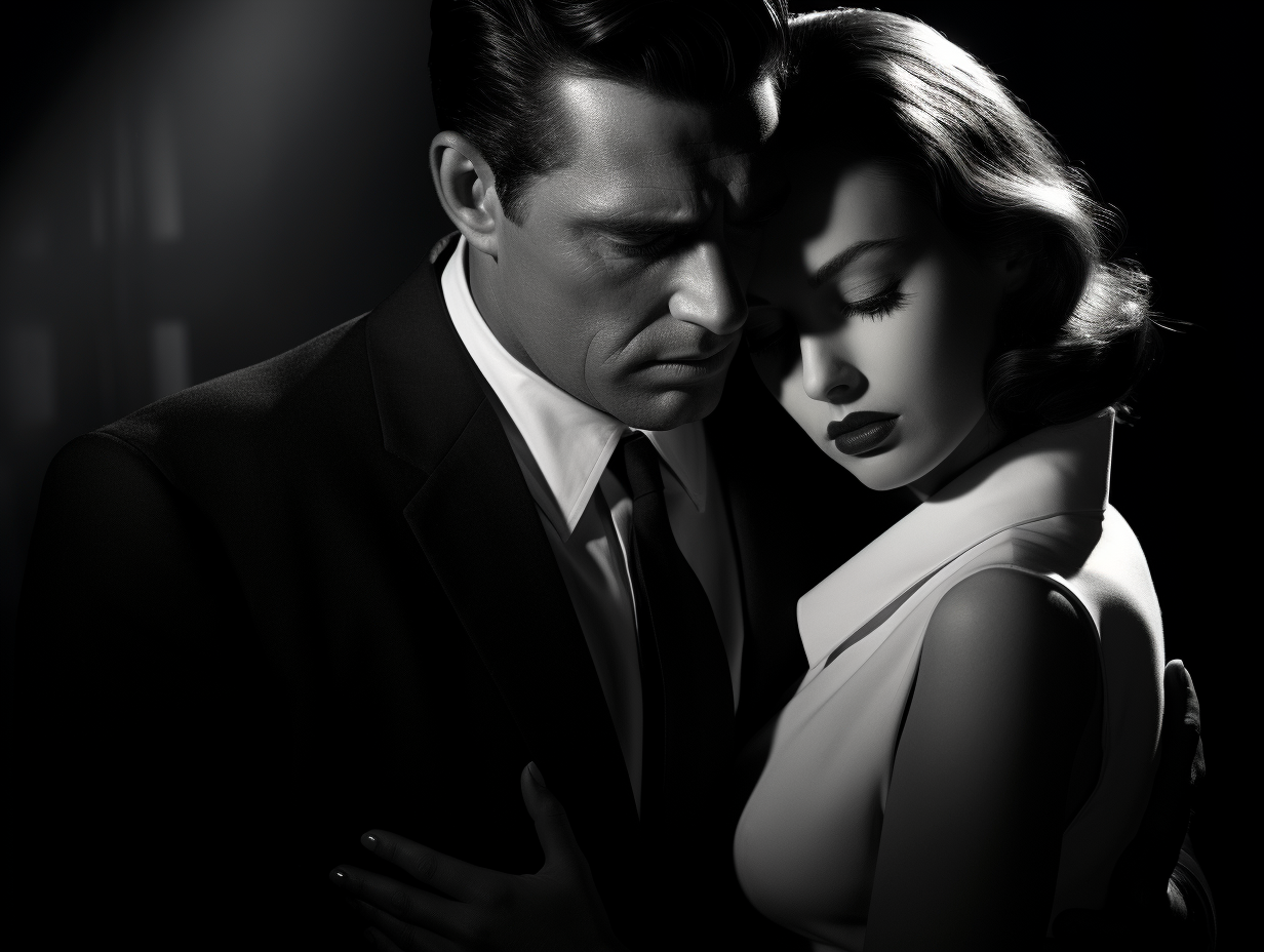 Film noir bad guy holds damsel