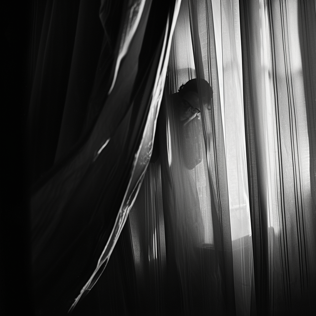 Person hiding behind curtain in film noir scene