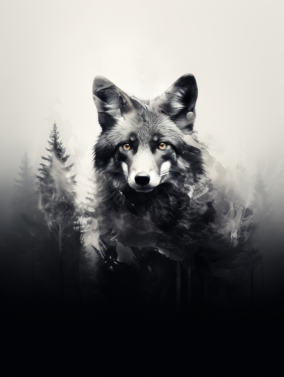 Artistic black and white fox in double exposure forest