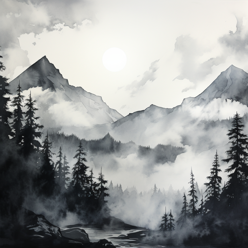 Beautiful black and white ink painting of mountains and sunrise