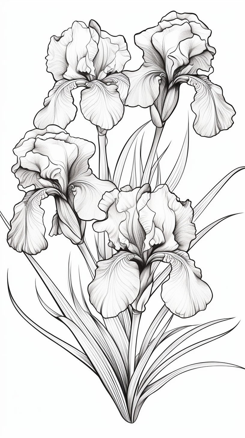 Detailed black and white line art of iris flowers