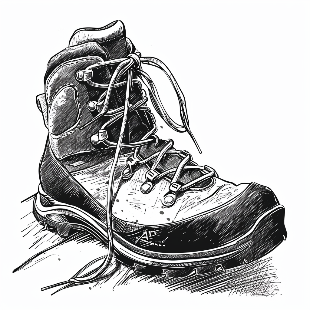 Descriptive ALT text:  Black and white line art of rock climbing shoe